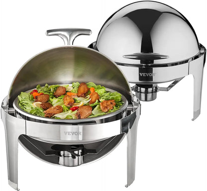 VEVOR Roll Top Chafing Dish Buffet Set, 6 Qt 2 Pack, Stainless Steel Chafer with 2 Full Size Pans, Round Catering Warmer Server