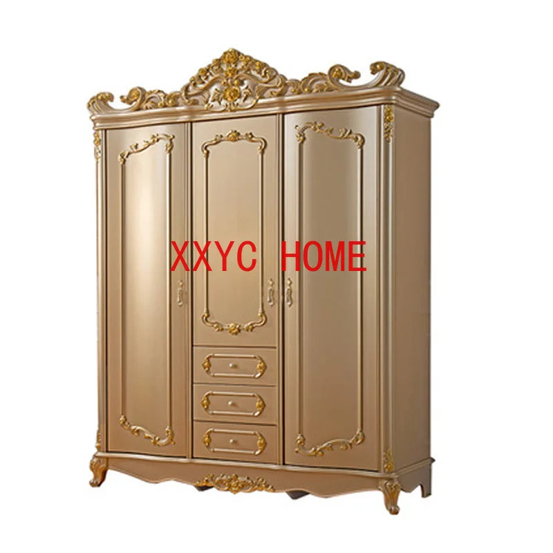 European-Style Three-Door Wardrobe – Champagne Gold, French Carved