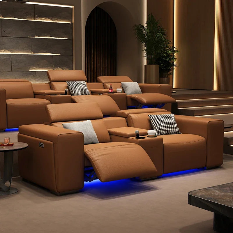 Private Home Theater Sofa Italian Style Light Luxury Leather Sofa Straight Row Space Functional Cabin Electric Sofa