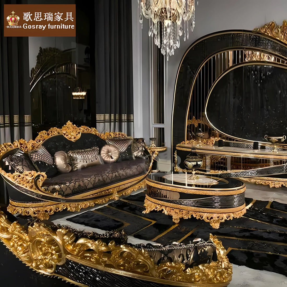 European Style Solid Wood Carved Sofa: High-End French Villa Custom Fabric Sofa for Living Rooms.