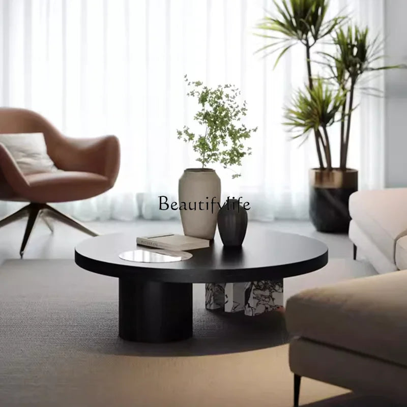 Italian black round coffee table modern simple light luxury marble rock slab coffee table