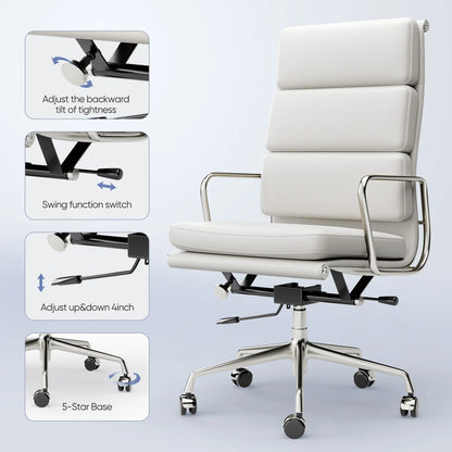 High Back White Office Chair Genuine Leather Executive Desk with Lumbar Support Ergonomic Computer Chair with Aluminum Arms