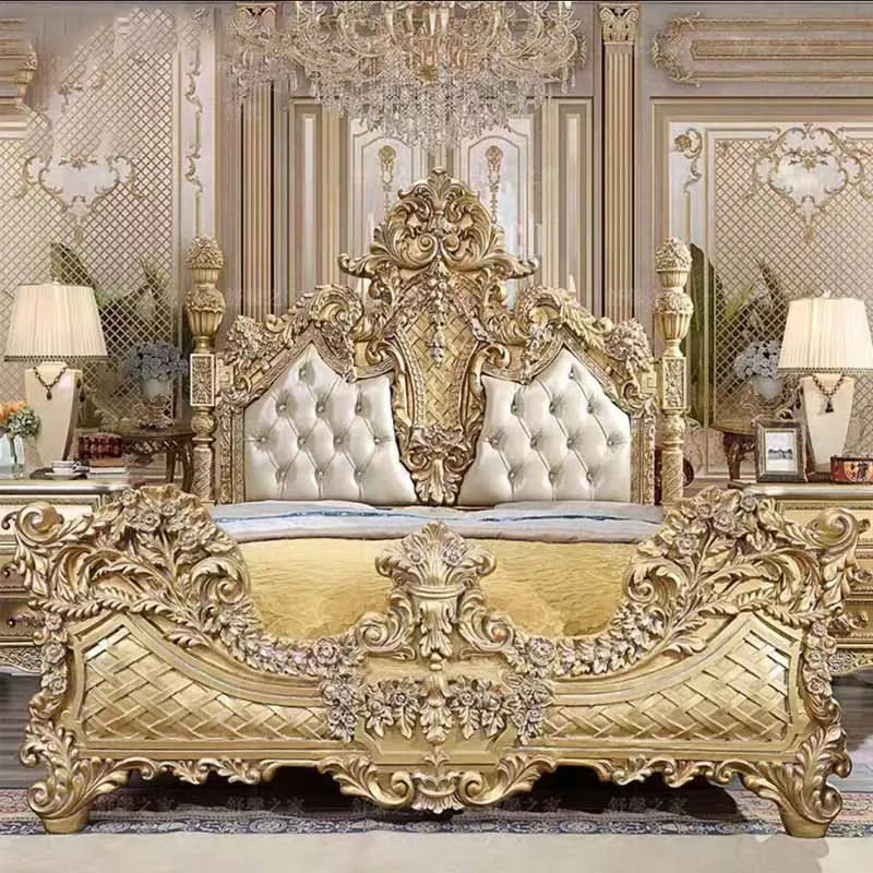 European Style Solid Wood Carved Bed: French Leather Fabric Princess Bed, High-End Custom 1.8-Meter for Italian Villas and Weddings
