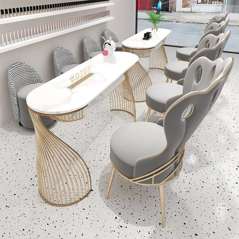 Nordic Rock Plate Light Luxury Popular Nail Table And Chair Set Iron Art Single And Double Nail Salon Manicure Table
