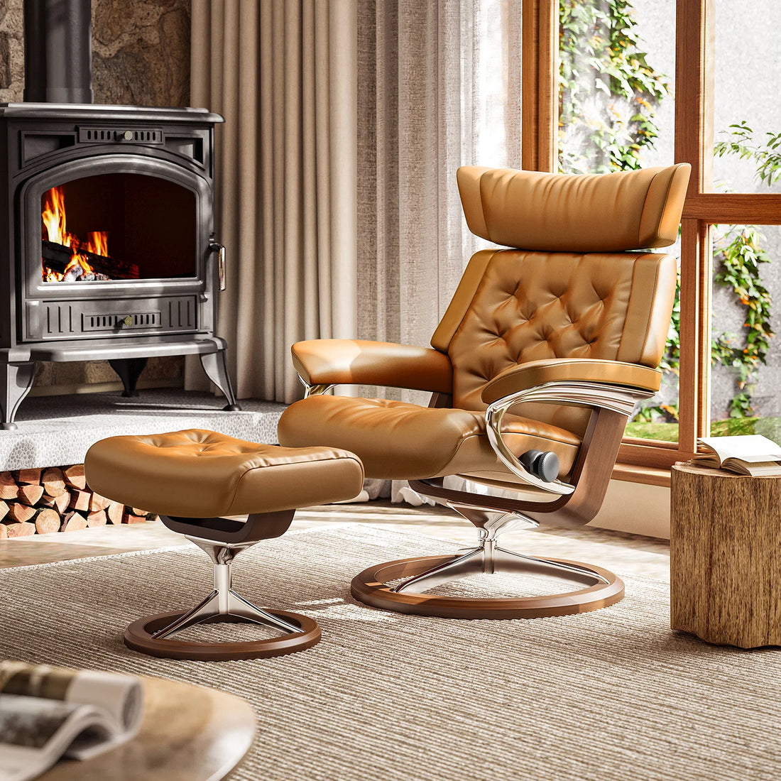 Mid Century Chaise Lounge Chair and Ottoman Modern Chair Walnut Color Wood Living Room Chairs for Study Lounge Office Bedroom