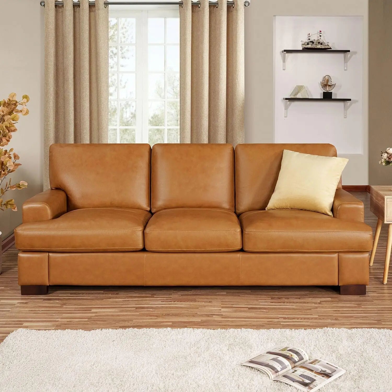 Siggy Genuine Leather Sofa Set of 3 Luxurious Comfort Goose Feather Cushion Filling Square Arm Design Sturdy Block Legs