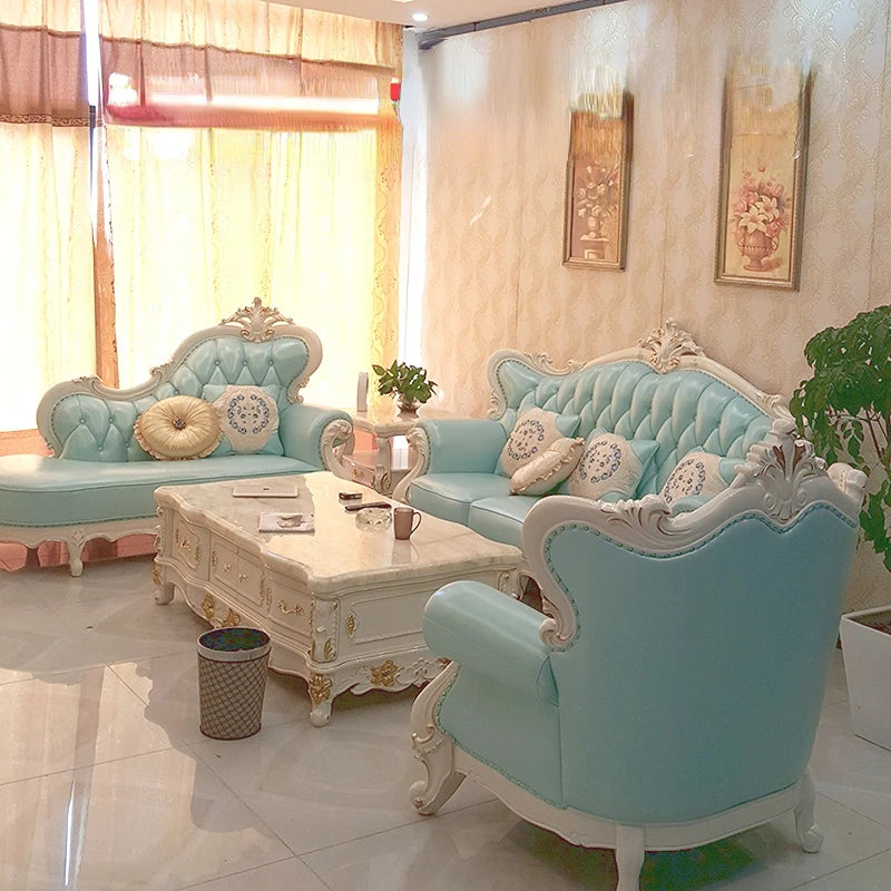 European Genuine Leather Sofa 123 Combo – Luxury Solid Wood Carved Living Room Set