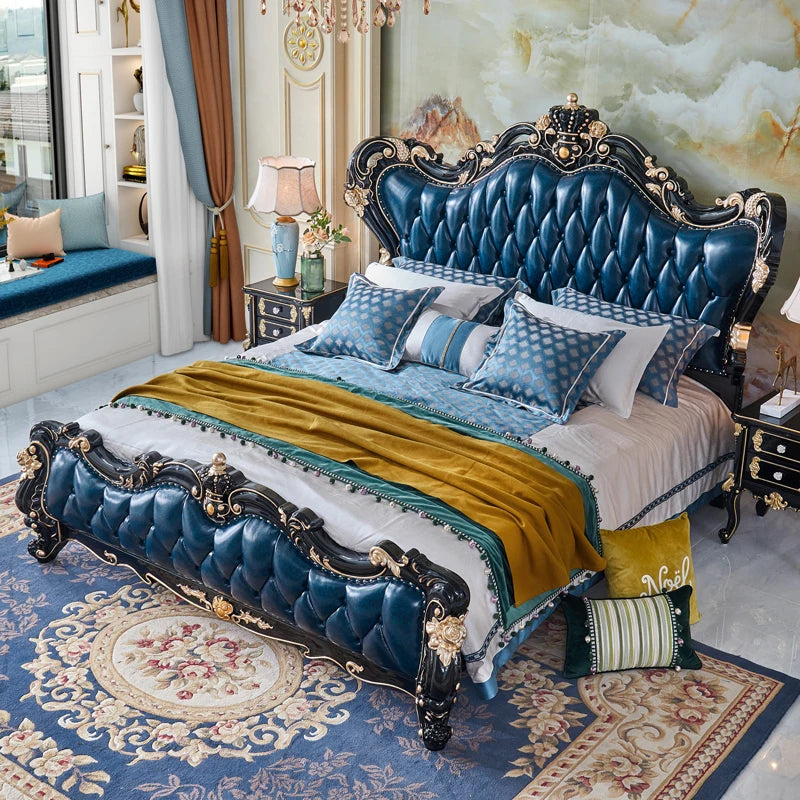 Genuine leather double bed villa luxury French style top layer cowhide wedding bed master bedroom